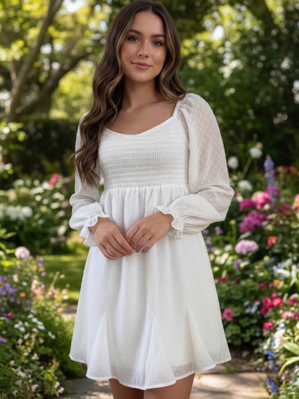 Creamy Ivory Smocked Long-Sleeve Midi Dress with Puff Sleeves